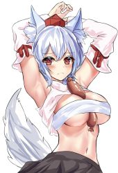 Rule 34 | 1girl, animal ear fluff, animal ears, armpits, arms up, between breasts, black skirt, blush, breasts, closed mouth, commentary request, detached sleeves, food, frown, hair between eyes, hat, inubashiri momiji, kaeranu kaeru, large breasts, looking at viewer, navel, one-hour drawing challenge, red eyes, red hat, red ribbon, ribbon, sausage, sexually suggestive, shirt, short hair, simple background, skirt, solo, standing, tail, tokin hat, touhou, upper body, white background, white hair, white ribbon, white shirt, wolf ears, wolf tail