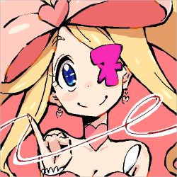 Rule 34 | 10s, 1girl, ammonio, blonde hair, blue eyes, bow, breasts, choker, cleavage, dress, drill hair, earrings, eyepatch, hair bow, harime nui, heart, jewelry, kill la kill, life fiber, long hair, lowres, pink bow, pinky out, small breasts, smile, solo, twintails, wrist cuffs