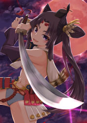 Rule 34 | 1girl, armor, asymmetrical sleeves, black hair, blue eyes, blue panties, blush, breast curtains, breasts, commentary request, detached sleeves, fate/grand order, fate (series), feather hair ornament, feathers, full moon, hair ornament, hat, highres, holding, holding sword, holding weapon, japanese armor, katana, kusazuri, long hair, looking at viewer, medium breasts, mismatched sleeves, moon, navel, night, night sky, open mouth, orihara13, outdoors, panties, parted bangs, purple sleeves, red moon, revealing clothes, shoulder armor, side ponytail, sky, smile, sode, solo, sword, tassel, tate eboshi, underwear, ushiwakamaru (fate), very long hair, weapon, white sleeves