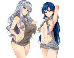 Rule 34 | 2girls, aran sweater, arm up, armpits, backless dress, backless outfit, bare back, blue hair, blush, breast envy, breasts, brown eyes, cable knit, cowboy shot, dress, female focus, flat chest, grey sweater, hairband, highres, idolmaster, idolmaster (classic), kisaragi chihaya, large breasts, long hair, meme attire, multiple girls, naked sweater, purple eyes, shijou takane, silver hair, simple background, sweater, sweater dress, turtleneck, turtleneck sweater, tuxedo de cat, virgin killer sweater, wardrobe error, white background