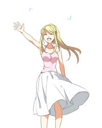 Rule 34 | 1girl, ^ ^, arm at side, arm up, bare shoulders, blonde hair, breasts, closed eyes, clothes lift, floating hair, fullmetal alchemist, happy, long hair, long skirt, medium breasts, open mouth, pink shirt, ponytail, riru, shirt, simple background, skirt, sleeveless, sleeveless shirt, smile, solo, standing, waving, white background, white skirt, wind, wind lift, winry rockbell