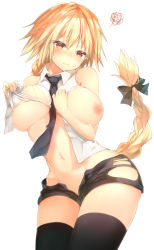 Rule 34 | 1girl, arm between breasts, bare arms, between breasts, black bow, black necktie, black shorts, blonde hair, blush, bow, braid, breasts, brown eyes, closed mouth, clothes lift, collared shirt, cowboy shot, curvy, dress shirt, eyebrows, fate/apocrypha, fate/grand order, fate (series), frown, groin, head tilt, jeanne d&#039;arc (fate), jeanne d&#039;arc (girl from orleans) (fate), jeanne d&#039;arc (ruler) (fate), large breasts, lifted by self, long hair, looking at viewer, navel, necktie, nipples, no bra, one breast out, open fly, red eyes, ruler (fate/grand order), shirt, shirt lift, short shorts, shorts, simple background, single braid, sleeveless, sleeveless shirt, solo, squiggle, stomach, sune (mugendai), suneo, thighhighs, tight clothes, tight shirt, torn clothes, torn shirt, torn shorts, underboob, very long hair, white background, white shirt, wide hips, yellow eyes