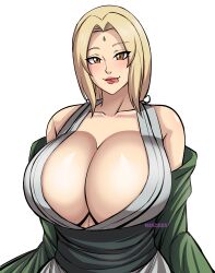 Rule 34 | 1girl, absurdres, artist name, blonde hair, breasts, brown eyes, facial mark, forehead mark, highres, huge breasts, long hair, looking at viewer, mature female, naruto (series), off shoulder, simple background, solo, teeth, tongue, tongue out, tsunade (naruto), upper body, vijaz, white background