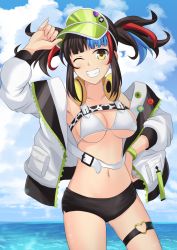 Rule 34 | 1girl, badge, bare shoulders, beach, bikini, black hair, black shorts, blue hair, blue sky, blush, breasts, button badge, cleavage, cross (crossryou), fate/grand order, fate (series), green hat, grin, hat, headphones, headphones around neck, highres, jacket, large breasts, long hair, long sleeves, looking at viewer, multicolored hair, navel, ocean, off shoulder, one eye closed, open clothes, open jacket, red hair, sei shounagon (fate), sei shounagon (swimsuit berserker) (fate), short shorts, shorts, sidelocks, sky, smile, solo, swimsuit, thigh strap, thighs, twintails, visor cap, white bikini, white jacket, yellow eyes
