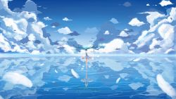 Rule 34 | 1girl, absurdres, arms behind back, barefoot, blue sky, blue theme, cloud, day, closed eyes, feathers, green hair, hatsune miku, highres, long hair, reflection, scenery, see-through, sky, solo, standing, tenko22702, very long hair, vocaloid