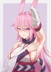 Rule 34 | 1girl, absurdres, animal ears, areola slip, arm up, armpits, bare shoulders, blush, border, breasts, closed mouth, fox ears, hair between eyes, highres, honkai (series), honkai impact 3rd, japanese clothes, kimono, long hair, looking at viewer, miko, pink background, pink hair, presenting armpit, purple eyes, purple scarf, scarf, simple background, sleeveless, solo, spread armpit, sweat, tiankong pie ai, white border, white kimono, yae sakura, yae sakura (gyakushinn miko)