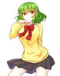 Rule 34 | 1girl, absurdres, breasts, closed mouth, collar, green hair, grey skirt, hand on own face, highres, itocoh, kazami yuuka, long sleeves, looking at viewer, medium breasts, red eyes, red neckwear, shirt, short hair, skirt, smile, solo, sweater, touhou, white collar, yellow sweater