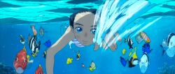 Rule 34 | 1girl, air bubble, animated, animated gif, black hair, bubble, blowing bubbles, children of the sea, fish, kaiju no kodomo, partially underwater shot, ruka (children of the sea), short hair, submerged, swimming, swimsuit, underwater, water