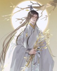 Rule 34 | 1boy, belt, black hair, chinese clothes, chu wanning, dress, erha he tadebai mao shizun, hair ornament, hanfu, highres, holding, holding weapon, houriycwn, long hair, male focus, moon, moonlight, parted bangs, solo, standing, upper body, weapon, white dress