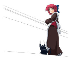 Rule 34 | 00s, 1girl, apron, black cat, bow, brown eyes, cat, hair bow, kohaku (tsukihime), len (cat), len (tsukihime), looking at another, maid, maid apron, red hair, solo, tsukihime