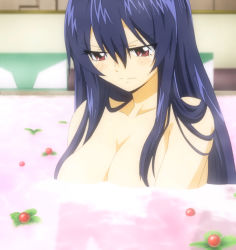 Rule 34 | 1girl, anime screenshot, bath, blue hair, blush, breasts, cleavage, eden&#039;s zero, highres, homura kogetsu, large breasts, long hair, nude, red eyes, screencap, stitched, third-party edit, water