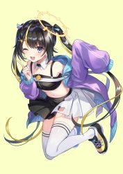 Rule 34 | 1girl, black hair, blue eyes, breasts, collarbone, full body, hair ornament, hairclip, hiyori lara, iku2727, indie virtual youtuber, jacket, one eye closed, open mouth, shoes, simple background, small breasts, thighhighs, virtual youtuber, white thighhighs, yellow background