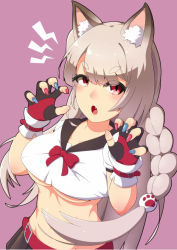 Rule 34 | animal ears, artist request, azur lane, blue nails, blunt bangs, bow, bowtie, braid, claw pose, claws, fingernails, gao, long fingernails, long hair, miniskirt, multicolored nails, nail polish, open mouth, paw pose, pink background, red bow, red bowtie, red eyes, red nails, sharp fingernails, simple background, skirt, solo, thick eyebrows, v-shaped eyebrows, very long hair, yuudachi (azur lane)