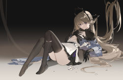 Rule 34 | 1girl, absurdly long hair, absurdres, arknights, belt, black gloves, black thighhighs, blonde hair, breasts, closed mouth, dark background, dress, flower, gloves, hair in own mouth, hair ornament, hand on own chest, highres, id card, indigo (arknights), knees up, long hair, long sleeves, looking at viewer, lying, no shoes, on back, pointy ears, purple eyes, short dress, small breasts, solo, thighhighs, torn clothes, torn thighhighs, underboob, very long hair, white flower, yeyuanqianqianqian