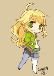 Rule 34 | 1girl, 2014, :d, blonde hair, brown background, chibi, dated, from side, green eyes, hands in pockets, highres, hoshii miki, idolmaster, idolmaster (classic), jacket, long hair, looking at viewer, mota, open mouth, pantyhose, shorts, smile, solo, standing