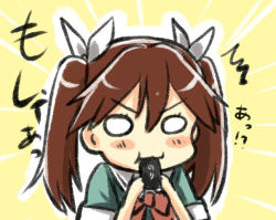 Rule 34 | 10s, 1girl, blush stickers, brown hair, commentary request, eating, engiyoshi, hair ribbon, kantai collection, ribbon, school uniform, solo, tone (kancolle), translation request, twintails