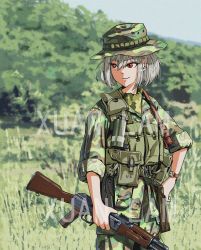 Rule 34 | 1girl, absurdres, akm, assault rifle, belt pouch, blurry, blurry background, camouflage, camouflage headwear, camouflage jacket, camouflage pants, commentary, commentary request, cowboy shot, english commentary, grey hair, gun, hair between eyes, hand on own hip, hat, headwear request, highres, holding, holding gun, holding weapon, holster, jacket, kalashnikov rifle, military, mixed-language commentary, original, outdoors, pants, pouch, red eyes, rifle, short hair, sleeves rolled up, smirk, smoke grenade, soldier, solo, standing, tudou jun, watch, watermark, weapon, weapon request, wristwatch