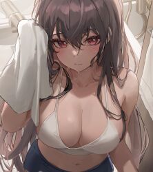 Rule 34 | 1girl, blush, breasts, brown hair, hair between eyes, highres, holding, holding towel, large breasts, long hair, looking at viewer, midriff, mungduck, red eyes, shorts, solo, tank top, towel, wet face, white tank top