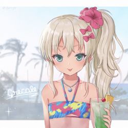Rule 34 | 1girl, bikini, blonde hair, blush, character name, cup, drinking straw, emia wang, flower, grecale (kancolle), green eyes, hair flower, hair ornament, hibiscus, highres, holding, holding cup, jewelry, kantai collection, long hair, multicolored bikini, multicolored clothes, necklace, palm tree, pink flower, ponytail, ribbon, side ponytail, solo, swimsuit, tongue, tongue out, tree, twitter username, upper body