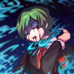 Rule 34 | 1boy, armband, black jacket, blood, blood from mouth, blood on clothes, blood on hands, bloody tears, chinese commentary, collared shirt, commentary request, decapitation, employee (project moon), formal, green hair, highres, jacket, lobotomy corporation, long sleeves, male focus, necktie, open mouth, project moon, red armband, red eyes, red necktie, shirt, short hair, solo, suit, tesna, upper body, white shirt