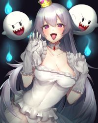 Rule 34 | 1girl, blush, boo (mario), breasts, brooch, cleavage, collar, collarbone, covered erect nipples, covered navel, crown, dress, fangs, frilled collar, frilled dress, frilled gloves, frills, ghost, ghost pose, gloves, hair between eyes, hands up, highres, hitodama, jewelry, large breasts, long hair, looking at viewer, luigi&#039;s mansion, mario (series), new super mario bros. u deluxe, nintendo, open mouth, panties, princess king boo, puffy short sleeves, puffy sleeves, purple eyes, see-through, short sleeves, silver hair, smile, super crown, tongue, tongue out, underwear, very long hair, white dress, white gloves, white panties, yayoi maka