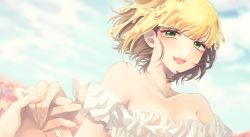Rule 34 | 1girl, :d, bare shoulders, blonde hair, blue sky, blurry, blurry background, blush, breasts, brown hair, cleavage, cloud, cloudy sky, field, flower, flower field, frilled shirt, frills, green eyes, highres, holding hands, kimi ga shine, looking at viewer, maple (kimi ga shine), medium breasts, off-shoulder shirt, off shoulder, open mouth, portrait, shirt, short hair, short sleeves, sky, smile, solo, syrup, teeth, uououoon, upper teeth only, white shirt