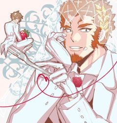 Rule 34 | 2boys, bara, bridal veil, claude (housamo), couple, facial hair, food, food on face, fork, formal, fruit, goatee, highres, holding, holding fork, husband and husband, long sideburns, looking at viewer, male focus, mature male, mini person, miniboy, multiple boys, nantaimori, necktie, official alternate costume, protagonist 4 (housamo), short hair, sideburns, strawberry, suit, tokyo houkago summoners, upper body, veil, wedding, white necktie, white suit, yaoi, zaoanjisi