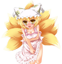 Rule 34 | 1girl, apron, blonde hair, blush, breasts, breasts squeezed together, cleavage, embarrassed, fang, female focus, hat, highres, kazami karasu, large breasts, multiple tails, naked apron, open mouth, short hair, simple background, solo, tail, tears, touhou, white background, yakumo ran, yellow eyes