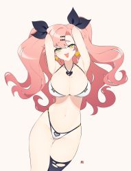 Rule 34 | 1girl, armpits, arms up, bikini, black bow, black thighhighs, bow, breasts, cleavage, collarbone, earrings, gluteal fold, green eyes, hair bow, hair ornament, hairclip, halterneck, heart, heart earrings, heart necklace, highleg, highleg bikini, highres, jewelry, large breasts, long hair, looking at viewer, mole, mole on breast, mole on thigh, navel, necklace, nicole demara, parted bangs, pink hair, signature, simple background, single thighhigh, skindentation, solo, stomach, string bikini, swimsuit, thigh gap, thighhighs, thighs, tongue, tongue out, torn clothes, torn thighhighs, two side up, very long hair, wavy hair, white background, white bikini, yan wan, zenless zone zero