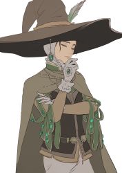 Rule 34 | 1boy, closed eyes, elden ring, gloves, hand on own chin, hat, highres, kero 1110, male focus, solo, sorcerer rogier, white background, witch hat