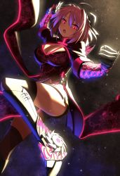 Rule 34 | 1girl, alternate costume, backlighting, black dress, boots, breasts, bun cover, cleavage, clenched hand, commentary request, devil may cry (series), double bun, dress, fighting stance, floral print, gauntlets, greenkohgen, hair between eyes, highres, ibaraki kasen, large breasts, looking at viewer, medium hair, open mouth, pink eyes, pink hair, short shorts, shorts, solo, touhou