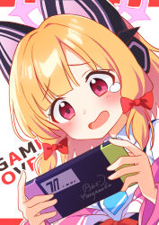 1girl animal_ear_headphones animal_ears blonde_hair blue_archive blue_necktie blush bow cat_ear_headphones commentary fake_animal_ears hair_bow halo handheld_game_console headphones highres holding holding_handheld_game_console jacket letterboxed long_sleeves maruyama_en momoi_(blue_archive) necktie open_mouth pink_halo red_eyes shirt simple_background solo tears twitter_username upper_body white_background white_jacket white_shirt