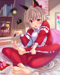 Rule 34 | 1girl, animal ears, barefoot, bed, bedroom, book, bookshelf, bow, brown hair, curren chan (umamusume), feet, full body, hair bow, highres, horse ears, horse girl, horse tail, indoors, jacket, long sleeves, nail polish, no shoes, open mouth, pants, pink nails, purple eyes, red bow, red jacket, red pants, short hair, sitting, soles, solo, spread toes, tail, toe scrunch, toenail polish, toenails, toes, tracen training uniform, track jacket, track suit, tsumiki kuzushi, umamusume