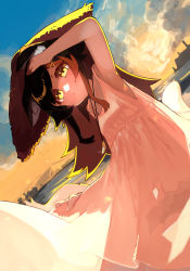 Rule 34 | 1girl, aged down, animal ear fluff, animal ears, arm up, armpits, beach, black hair, blush, dress, fingernails, flipped hair, hair between eyes, hair ornament, hairclip, hat, highres, hololive, jewelry, long fingernails, long hair, looking at viewer, low-tied long hair, misono denpachi, multicolored hair, necklace, ookami mio, outdoors, red hair, sidelocks, sleeveless, smile, solo, straw hat, streaked hair, sundress, sunset, tail, tail around own leg, tail wrap, very long hair, virtual youtuber, wolf ears, wolf girl, wolf tail, yellow eyes
