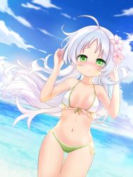 Rule 34 | 1girl, absurdres, ahoge, bare arms, bare shoulders, bikini, blue sky, blush, breasts, closed mouth, cloud, cloudy sky, collarbone, commentary request, copyright request, day, dutch angle, floating hair, flower, front-tie bikini top, front-tie top, green bikini, green eyes, hair flower, hair ornament, hands up, highres, horizon, huge filesize, kiri sakura, long hair, mismatched bikini, navel, nose blush, ocean, outdoors, pink flower, side-tie bikini bottom, silver hair, sky, small breasts, solo, swimsuit, thigh gap, very long hair, virtual youtuber, water, white bikini