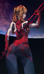 Rule 34 | arm up, artist name, ass, bident, blue eyes, bodysuit, character name, commentary, copyright name, cowboy shot, daliyang, earth (planet), from behind, hair ornament, highres, holding, holding weapon, interface headset, lance, lance of longinus (evangelion), long hair, looking at viewer, looking back, neon genesis evangelion, orange hair, planet, plugsuit, polearm, rebuild of evangelion, red bodysuit, skin tight, solo, souryuu asuka langley, twintails, v-shaped eyebrows, weapon