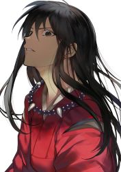 Rule 34 | 1boy, animal ears, bead necklace, beads, black eyes, black hair, commentary request, from side, hair between eyes, highres, inuyasha, inuyasha (character), japanese clothes, jewelry, kimono, long hair, looking at viewer, looking to the side, male focus, necklace, parted lips, red kimono, simple background, solo, tcb, teeth, upper body, white background