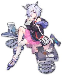 Rule 34 | 1girl, artist request, black jacket, charm (object), drone, game cg, hair ornament, hair over one eye, holding, holding tablet pc, hood, hood down, inline skates, jacket, knee pads, looking at viewer, mahjong, mahjong soul, mahjong tile, notebook, notepad, official art, pink skirt, purple eyes, quadcopter, roller skates, simple background, sitting, skates, skirt, solo, suzumiya anju, tablet pc, third-party source, transparent background, unmanned aerial vehicle, white hair, yostar