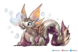 Rule 34 | alternate size, blue sclera, chibi, claws, colored sclera, creature, fangs, fins, full body, head fins, highres, instagram username, mizutsune, monster hunter (series), pink eyes, pink fur, pixiv username, procreate (medium), scales, soap bubbles, solo, tail, twitter username, whiskers, white background, xezeno