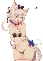 Rule 34 | 1girl, american flag, american flag print, animal ears, azur lane, black bow, blue eyes, blush, bow, breasts, cat ears, cleavage, collar, collarbone, commentary request, fang, flag print, hair between eyes, hair bow, hammann (azur lane), highres, long hair, looking at viewer, medium breasts, muuran, navel, open mouth, panties, red collar, side-tie panties, signature, silver hair, simple background, solo, tears, thighhighs, underwear, very long hair, white background, white thighhighs, wide hips