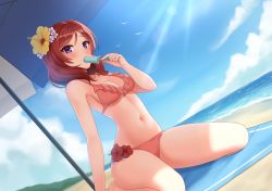 Rule 34 | 1girl, bare arms, bare shoulders, beach, beach towel, beach umbrella, bird, blue sky, blush, breasts, cleavage, collarbone, commentary, day, dutch angle, eating, english commentary, flower, food, hair flower, hair ornament, hibiscus, highres, holding, holding food, horizon, kurisu-kun, light rays, looking at viewer, love live!, love live! school idol festival, love live! school idol project, medium breasts, medium hair, navel, nishikino maki, ocean, outdoors, popsicle, purple eyes, red flower, red hair, sitting, sky, solo, stomach, sunbeam, sunlight, swept bangs, towel, umbrella, wariza, water, yellow flower