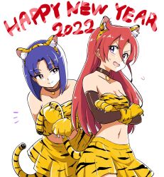 Rule 34 | 2022, 2girls, absurdres, animal ears, animal hands, animal print, asymmetrical bangs, bandeau, bare shoulders, black choker, black gloves, blue hair, blush, bob cut, breasts, chinese zodiac, choker, closed mouth, commentary, crossed arms, elbow gloves, english text, fake animal ears, fake tail, flying sweatdrops, gloves, hair between eyes, happy new year, highres, holding, holding with tail, layered gloves, leaning forward, long hair, looking at another, looking at viewer, midriff, miniskirt, multiple girls, navel, new year, notice lines, open mouth, orange bandeau, orange gloves, paw gloves, pleated skirt, precure, prehensile tail, print bandeau, print gloves, purple eyes, red hair, shiratori yuriko, short hair, simple background, skirt, small breasts, smile, standing, tail, takizawa asuka, tiger ears, tiger print, tiger tail, tropical-rouge! precure, uraki, white background, year of the tiger, yellow skirt