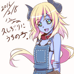 Rule 34 | 1girl, black sclera, blonde hair, blue skin, blush, collar, colored sclera, colored skin, demon girl, demon horns, fang, h-new, horns, looking at viewer, original, overalls, pointy ears, smile, solo, translation request