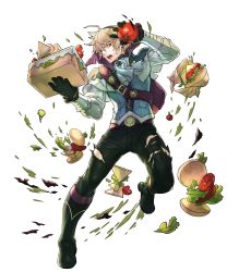 Rule 34 | 1boy, bag, basket, belt, blonde hair, boots, burger, fire emblem, fire emblem fates, fire emblem heroes, food, full body, gloves, hairband, highres, hino shinnosuke, jewelry, leo (fire emblem), male focus, necklace, nintendo, official alternate costume, open mouth, red eyes, sandwich, solo, teeth, tomato, torn clothes, transparent background