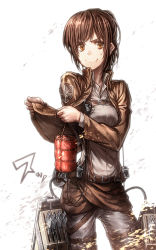 Rule 34 | 1girl, belt, brown eyes, brown hair, cable, contrapposto, cowboy shot, drooling, food, jacket, lain, long sleeves, looking at viewer, meat, ponytail, rope, saliva, sasha blouse, shingeki no kyojin, short hair, solo, standing, sweatdrop, theft, thigh strap, three-dimensional maneuver gear, uniform, white background, wire