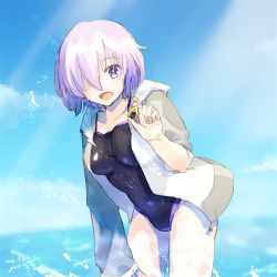 Rule 34 | 1girl, breasts, fate/grand order, fate (series), goya (xalbino), hair over one eye, jacket, mash kyrielight, ocean, one-piece swimsuit, open mouth, purple eyes, purple hair, seashell, shell, short hair, smile, solo, swimsuit