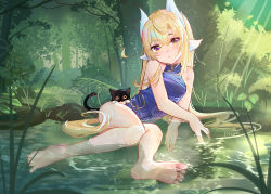 Rule 34 | 1girl, animal ears, bare legs, bare shoulders, barefoot, black cat, blonde hair, blue dress, blush, breasts, cat, china dress, chinese clothes, commentary request, day, dress, eyes visible through hair, feet, fh moya, forest, highres, long hair, looking at viewer, lying, multicolored eyes, nature, on side, original, partially submerged, plant, pond, purple eyes, sidelocks, signature, small breasts, solo, toes, tree, very long hair, water, yellow eyes