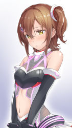 Rule 34 | 1girl, bad id, bad pixiv id, bare shoulders, blush, breasts, brown hair, center opening, closed mouth, commentary request, elbow gloves, gloves, gradient background, hair between eyes, hair ornament, idolmaster, idolmaster million live!, kasuga mirai, looking away, navel, one side up, short hair, sidelocks, small breasts, solo, stomach, upper body, yellow eyes, yoropa