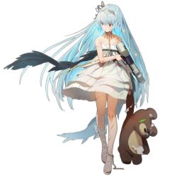 Rule 34 | 1girl, aged down, bare shoulders, black feathers, black wings, blue hair, closed mouth, dress, expressionless, feathered wings, feathers, full body, girls&#039; frontline, gun, hair between eyes, hair intakes, hair ornament, hairband, handgun, holding, holding gun, holding stuffed toy, holding weapon, jewelry, leg ribbon, long hair, looking down, necklace, nin (lion), official alternate costume, official art, red eyes, ribbon, rifle-caliber handgun, rifle-caliber pistol, scar, scar across eye, scar on arm, scar on leg, shoes, simple background, solo, standing, stuffed animal, stuffed toy, teardrop, teddy bear, thunder (girls&#039; frontline), thunder (lenore&#039;s raven) (girls&#039; frontline), toes, tooth necklace, transparent background, trigger discipline, triple action thunder, very long hair, weapon, white dress, white footwear, wings