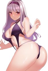 Rule 34 | 1girl, absurdres, ass, breasts, cleavage, commission, from behind, hairband, haneramu, highres, idolmaster, idolmaster (classic), looking at viewer, looking back, medium breasts, o-ring, o-ring swimsuit, one-piece swimsuit, purple eyes, purple one-piece swimsuit, shijou takane, shiny skin, skeb commission, solo, swimsuit, thighs, turning head, twisted torso, white hair